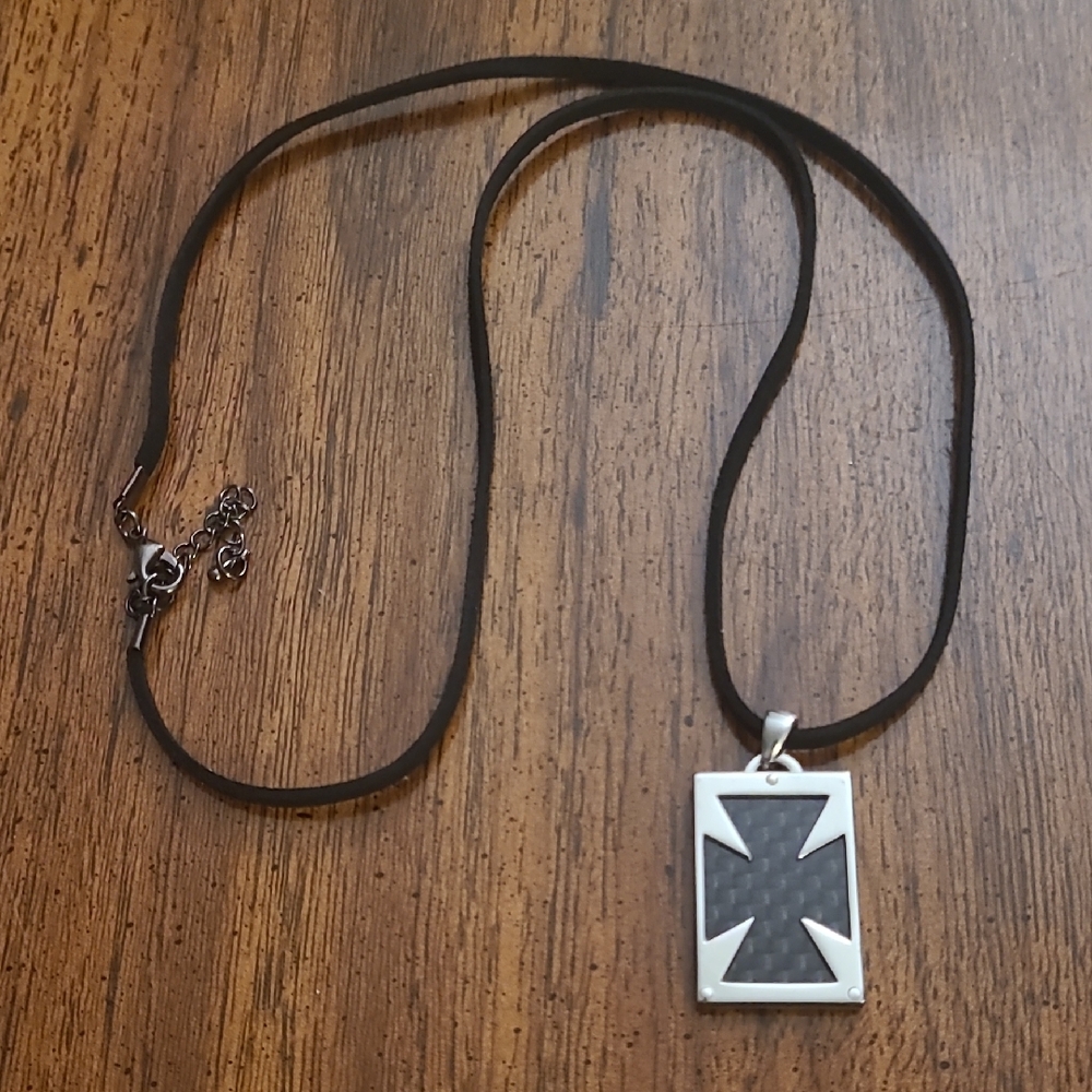 Zoppini 2sided Cross Carbon Fiber Stainlesa Steel Pendant Necklace